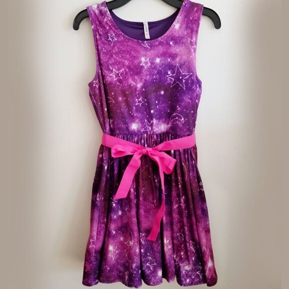 Girls Purple Celestial Print Dress ✦ Fabkids XL ✦ Pink Ribbon Belt ✦ Tulle Hem - Picture 3 of 6